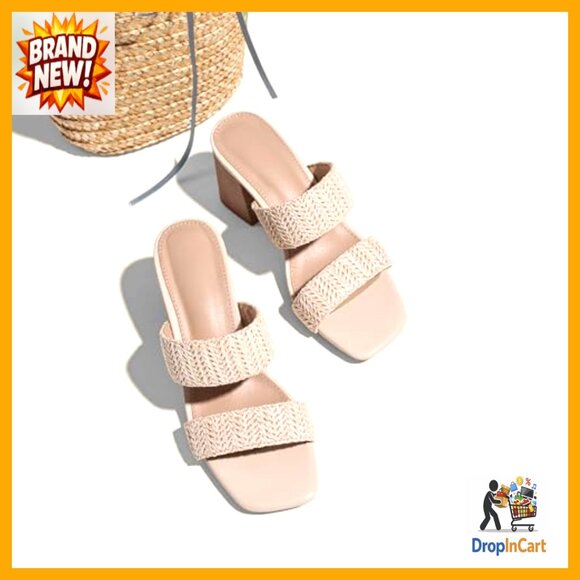 Chunky Block Heel Raffia Sandals Square Open Toe Double Strap Slip On Dressy